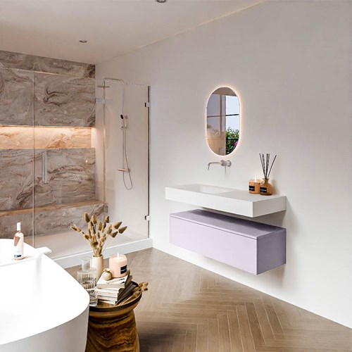 ALAN 110cm mueble de baño Cale 1 cajón. Lavabo suspendido CLOUD Izquierda sin orificio color Talc.