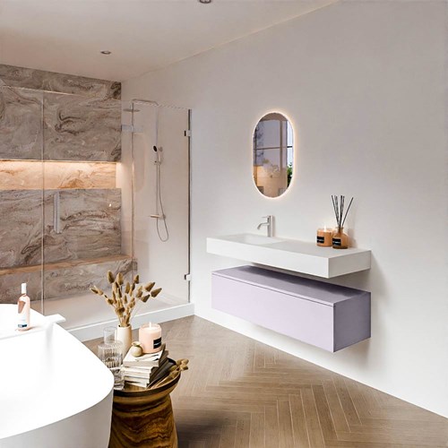 ALAN 120cm mueble de baño Cale 1 cajón. Lavabo suspendido CLOUD Izquierda 1 orificio color Talc.