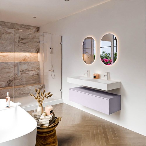 ALAN 120cm mueble de baño Cale 1 cajón. Lavabo suspendido CLOUD Doble 2 orificios color Talc.