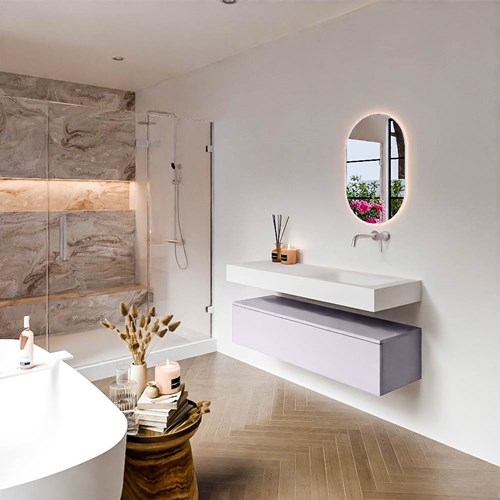 ALAN 130cm mueble de baño Cale 1 cajón. Lavabo suspendido CLOUD Derecho sin orificio color Talc.