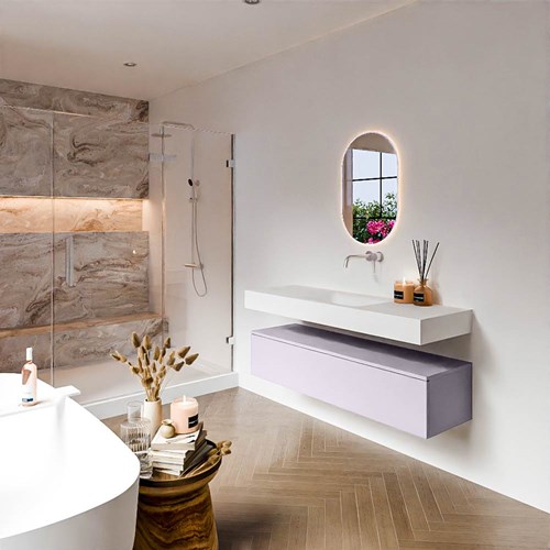 ALAN 140cm mueble de baño Cale 1 cajón. Lavabo suspendido CLOUD Centro sin orificio color Talc.
