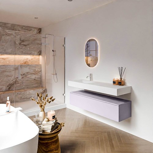 ALAN 140cm mueble de baño Cale 1 cajón. Lavabo suspendido CLOUD Izquierda 1 orificio color Talc.
