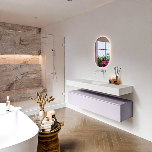 ALAN 150cm mueble de baño Cale 1 cajón. Lavabo suspendido CLOUD Centro sin orificio color Talc.