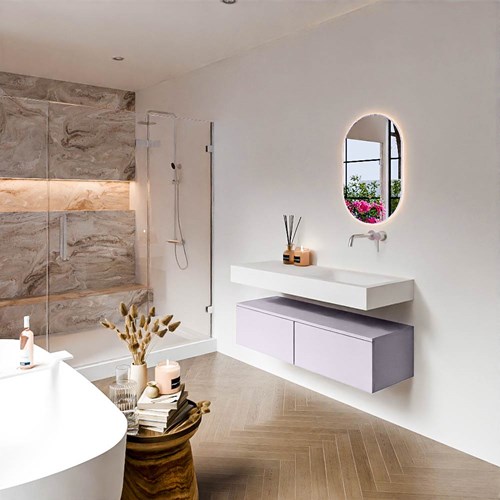 ALAN 120cm mueble de baño Cale 2 cajones. Lavabo suspendido CLOUD Derecho sin orificio color Talc.