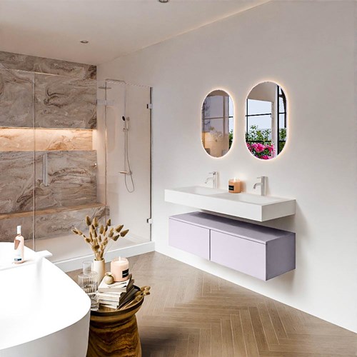 ALAN 120cm mueble de baño Cale 2 cajones. Lavabo suspendido CLOUD Doble 2 orificios color Talc.