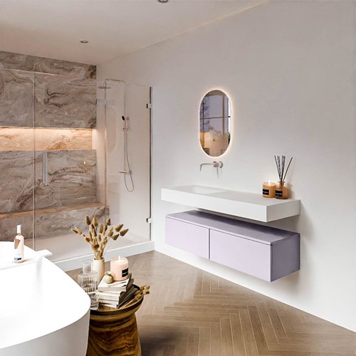 ALAN 130cm mueble de baño Cale 2 cajones. Lavabo suspendido CLOUD Izquierda sin orificio color Talc.