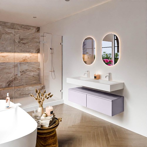 ALAN 130cm mueble de baño Cale 2 cajones. Lavabo suspendido CLOUD Doble 2 orificios color Talc.