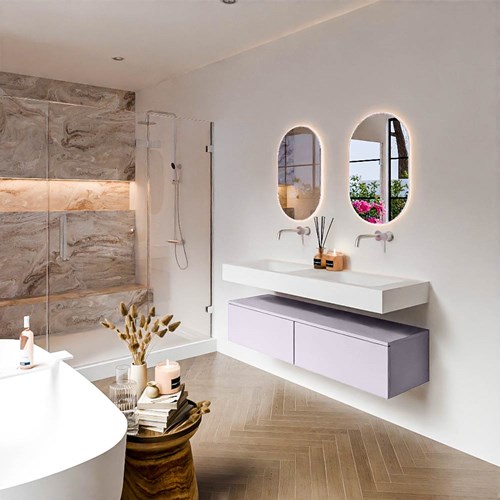 ALAN 140cm mueble de baño Cale 2 cajones. Lavabo suspendido CLOUD Doble sin orificio color Talc.