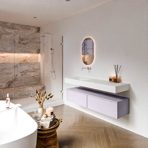 ALAN 150cm mueble de baño Cale 2 cajones. Lavabo suspendido CLOUD Izquierda sin orificio color Talc.