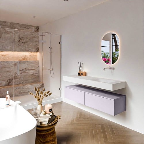 ALAN 150cm mueble de baño Cale 2 cajones. Lavabo suspendido CLOUD Derecho sin orificio color Talc.