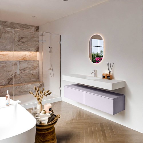 ALAN 150cm mueble de baño Cale 2 cajones. Lavabo suspendido CLOUD Centro 1 orificio color Talc.