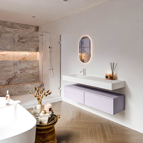 ALAN 150cm mueble de baño Cale 2 cajones. Lavabo suspendido CLOUD Izquierda 1 orificio color Talc.