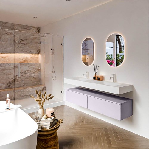 ALAN 160cm mueble de baño Cale 2 cajones. Lavabo suspendido CLOUD Doble 2 orificios color Talc.