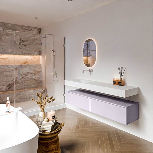ALAN 170cm mueble de baño Cale 2 cajones. Lavabo suspendido CLOUD Izquierda sin orificio color Talc.