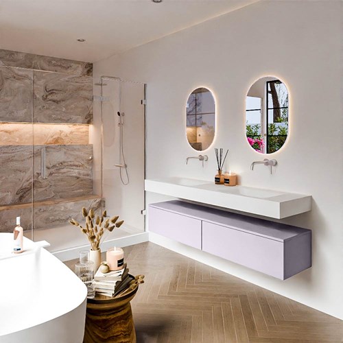 ALAN 170cm mueble de baño Cale 2 cajones. Lavabo suspendido CLOUD Doble sin orificio color Talc.