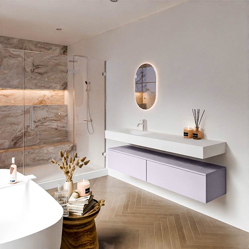ALAN 170cm mueble de baño Cale 2 cajones. Lavabo suspendido CLOUD Izquierda 1 orificio color Talc.