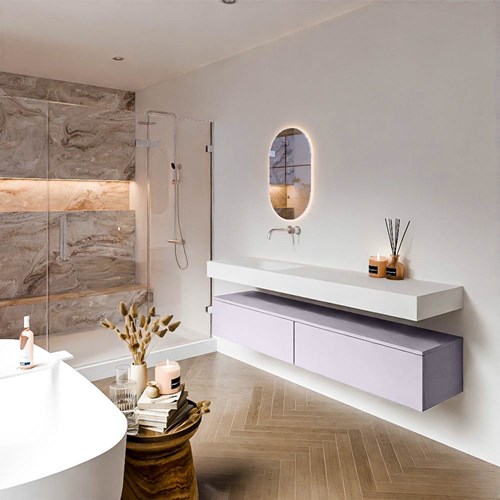 ALAN 180cm mueble de baño Cale 2 cajones. Lavabo suspendido CLOUD Izquierda sin orificio color Talc.