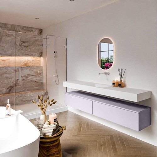 ALAN 200cm mueble de baño Cale 2 cajones. Lavabo suspendido CLOUD Centro sin orificio color Talc.