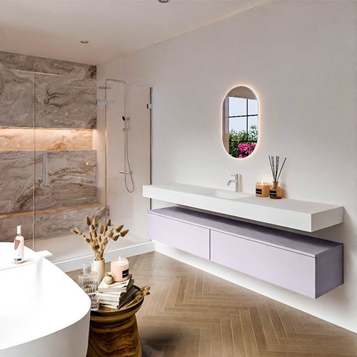 ALAN 200cm mueble de baño Cale 2 cajones. Lavabo suspendido CLOUD Centro 1 orificio color Talc.