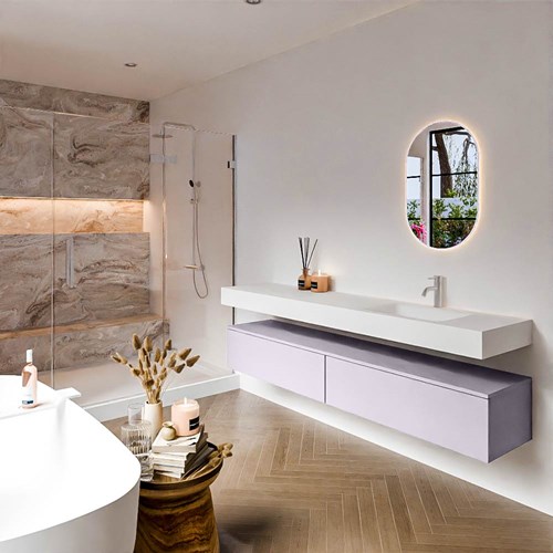 ALAN 200cm mueble de baño Cale 2 cajones. Lavabo suspendido CLOUD Derecho 1 orificio color Talc.