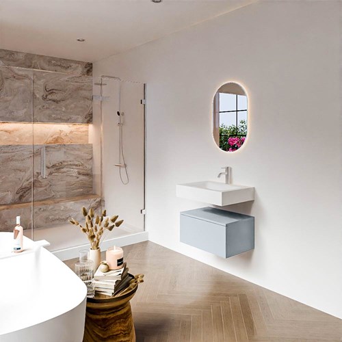 ALAN 60cm mueble de baño Clay 1 cajón. Lavabo suspendido CLOUD Centro 1 orificio color Talc.