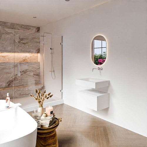 ALAN 60cm mueble de baño Talc 1 cajón. Lavabo suspendido CLOUD Centro sin orificio color Talc.
