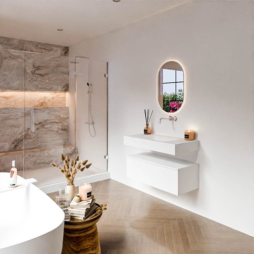 ALAN 90cm mueble de baño Talc 1 cajón. Lavabo suspendido CLOUD Centro sin orificio color Talc.