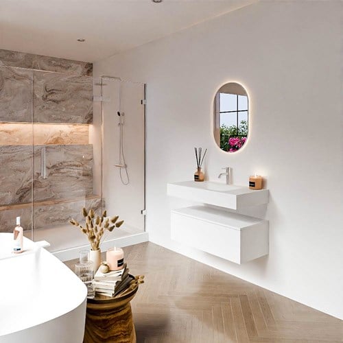 ALAN 90cm mueble de baño Talc 1 cajón. Lavabo suspendido CLOUD Centro 1 orificio color Talc.