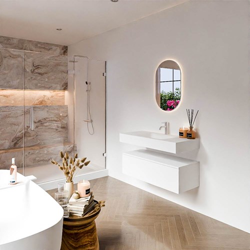 ALAN 100cm mueble de baño Talc 1 cajón. Lavabo suspendido CLOUD Centro 1 orificio color Talc.