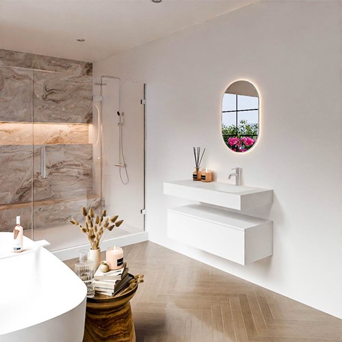 ALAN 100cm mueble de baño Talc 1 cajón. Lavabo suspendido CLOUD Derecho 1 orificio color Talc.