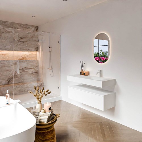 ALAN 110cm mueble de baño Talc 1 cajón. Lavabo suspendido CLOUD Derecho 1 orificio color Talc.