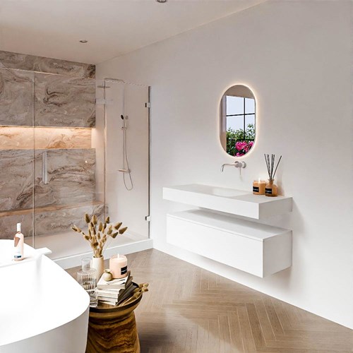 ALAN 120cm mueble de baño Talc 1 cajón. Lavabo suspendido CLOUD Centro sin orificio color Talc.