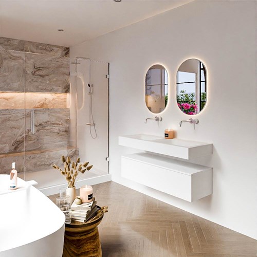 ALAN 120cm mueble de baño Talc 1 cajón. Lavabo suspendido CLOUD Doble sin orificio color Talc.