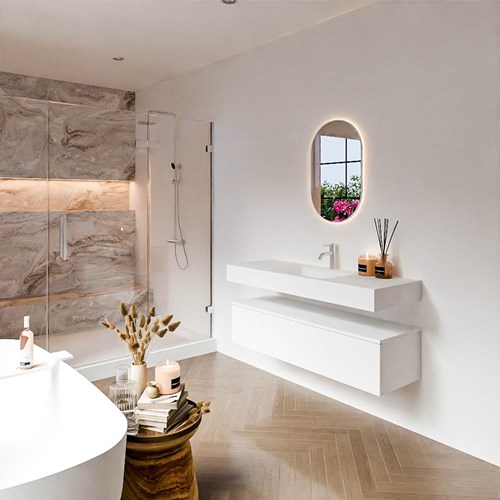 ALAN 130cm mueble de baño Talc 1 cajón. Lavabo suspendido CLOUD Centro 1 orificio color Talc.