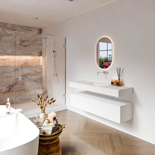 ALAN 140cm mueble de baño Talc 1 cajón. Lavabo suspendido CLOUD Centro sin orificio color Talc.