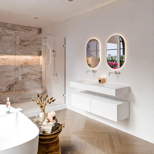 ALAN 130cm mueble de baño Talc 2 cajones. Lavabo suspendido CLOUD Doble sin orificio color Talc.