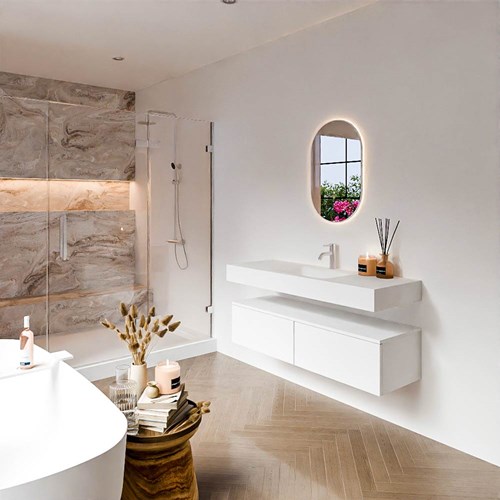 ALAN 130cm mueble de baño Talc 2 cajones. Lavabo suspendido CLOUD Centro 1 orificio color Talc.