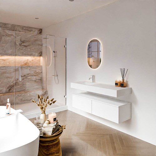 ALAN 130cm mueble de baño Talc 2 cajones. Lavabo suspendido CLOUD Izquierda 1 orificio color Talc.
