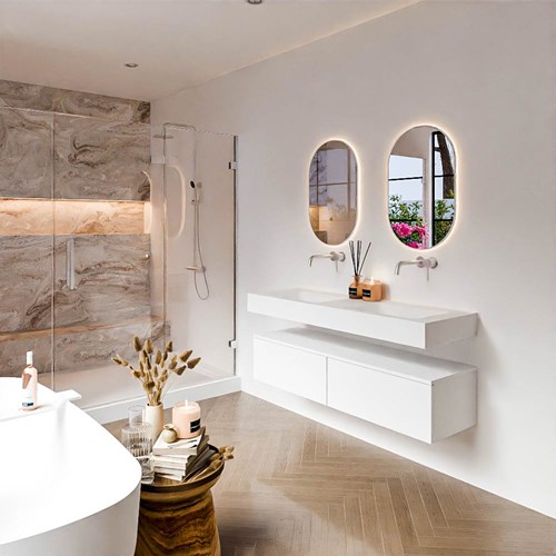 ALAN 140cm mueble de baño Talc 2 cajones. Lavabo suspendido CLOUD Doble sin orificio color Talc.