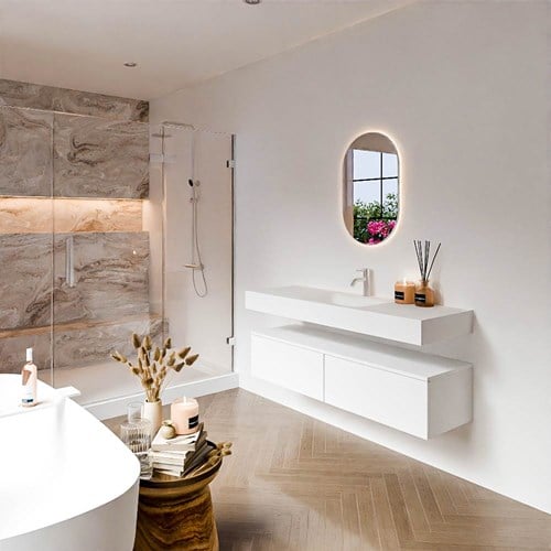 ALAN 140cm mueble de baño Talc 2 cajones. Lavabo suspendido CLOUD Centro 1 orificio color Talc.