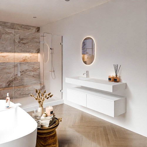 ALAN 140cm mueble de baño Talc 2 cajones. Lavabo suspendido CLOUD Izquierda 1 orificio color Talc.