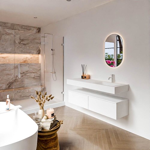 ALAN 140cm mueble de baño Talc 2 cajones. Lavabo suspendido CLOUD Derecho 1 orificio color Talc.
