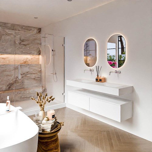 ALAN 150cm mueble de baño Talc 2 cajones. Lavabo suspendido CLOUD Doble sin orificio color Talc.