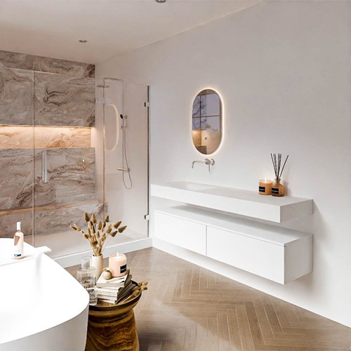 ALAN 160cm mueble de baño Talc 2 cajones. Lavabo suspendido CLOUD Izquierda sin orificio color Talc.