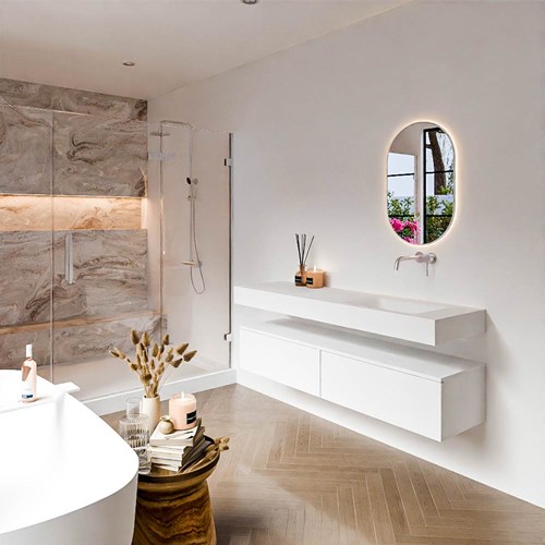 ALAN 160cm mueble de baño Talc 2 cajones. Lavabo suspendido CLOUD Derecho sin orificio color Talc.