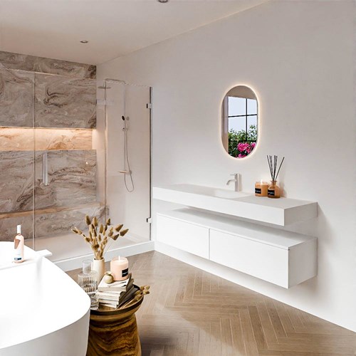 ALAN 160cm mueble de baño Talc 2 cajones. Lavabo suspendido CLOUD Centro 1 orificio color Talc.