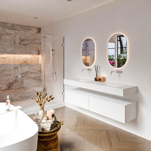 ALAN 170cm mueble de baño Talc 2 cajones. Lavabo suspendido CLOUD Doble sin orificio color Talc.