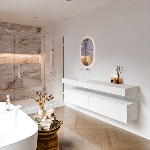 ALAN 180cm mueble de baño Talc 2 cajones. Lavabo suspendido CLOUD Izquierda sin orificio color Talc.