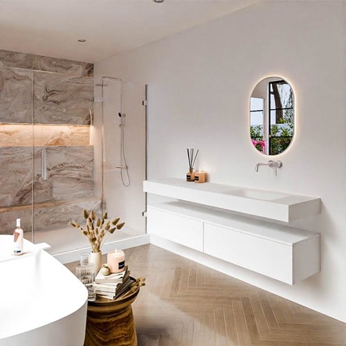 ALAN 180cm mueble de baño Talc 2 cajones. Lavabo suspendido CLOUD Derecho sin orificio color Talc.