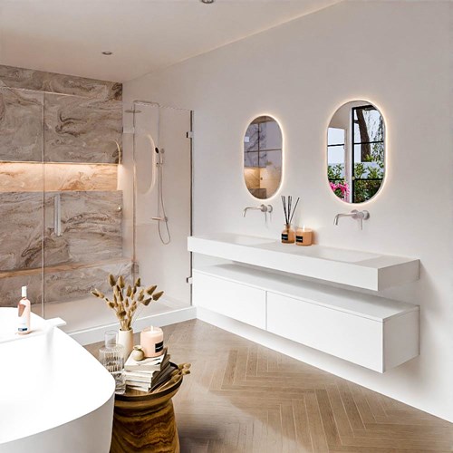 ALAN 180cm mueble de baño Talc 2 cajones. Lavabo suspendido CLOUD Doble sin orificio color Talc.